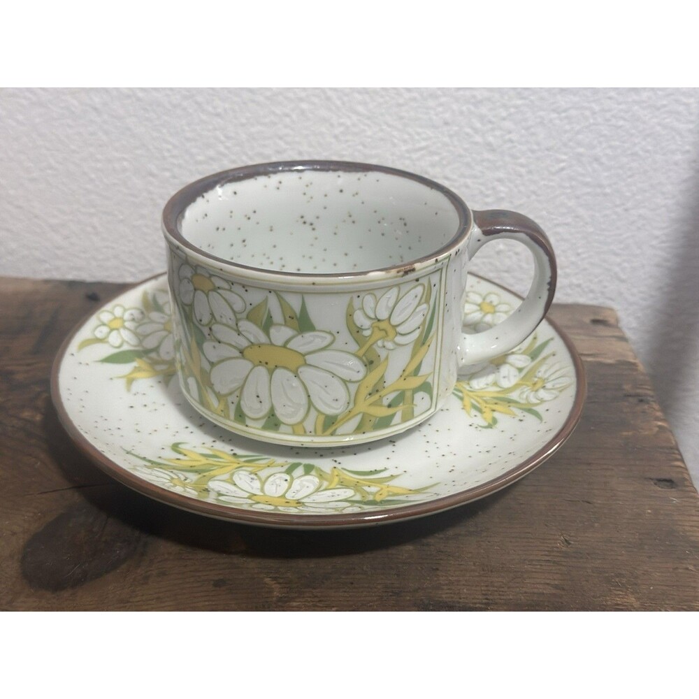 Otagiri MCM Speckled Stoneware Large Soup Mug W Saucer Daisies Design